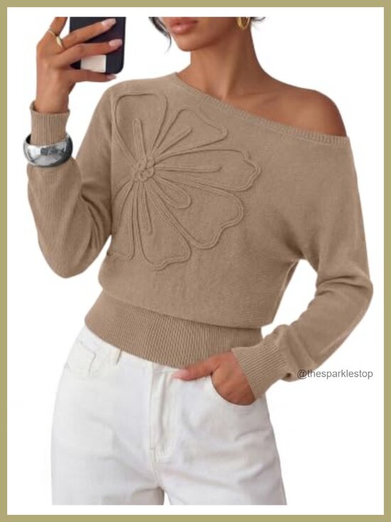 Other - Off Shoulder Sweater Boat Neck 3D Flower Long Sleeve Crop Knit Pullover